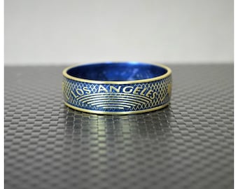 Blue Los Angeles Coin Ring, Blue Ring, LA Coin Ring, Gift for a Dodger Fan, Unusual Ring, Brass Ring, Coin Art, Los Angeles Art, Brass Band