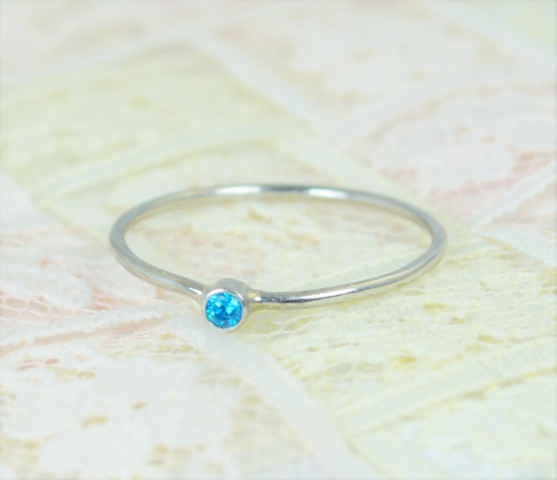 Tiny Blue Topaz Ring Set, Solid White Gold Wedding Set, Stacking Ring, White Gold Ring, December Birthstone, Mothers Ring, Blue Topaz Ring image 1