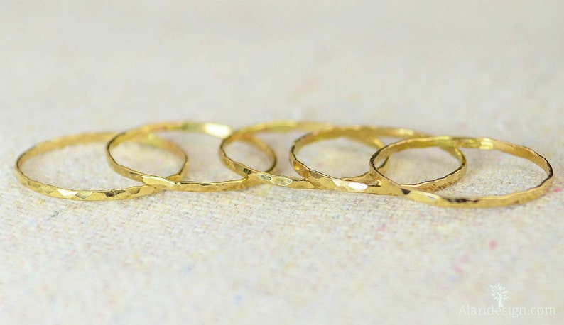 Set of 5 Super Thin 14k Gold Stackable Rings, 14k Gold Filled, Stacking Rings, Simple Gold Ring, Hammered Gold Rings, Dainty Gold Ring image 3