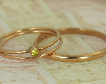 Tiny Citrine Ring Set, Solid 14k Rose Gold Wedding Set, Stacking Ring, Solid 14k Gold Citrine Ring, November Birthstone, Bridal Set, Topaz