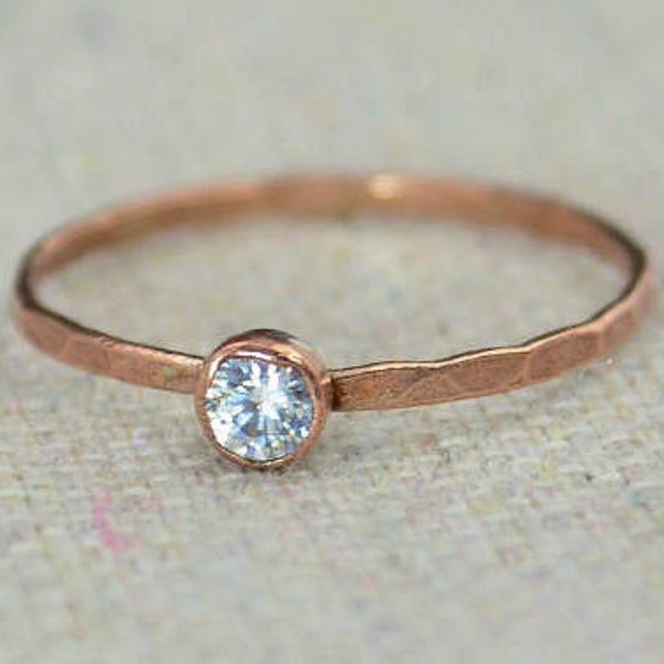 Dainty Copper CZ Diamond Ring, Hammered Copper, CZ Diamond Jewelry, CZ Diamond Mothers Ring, Aprils Birthstone, Copper Jewelry, Pure Copper