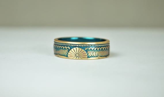 Japanese Coin Ring, Turquoise Ring, Wave Ring, Japanese Art