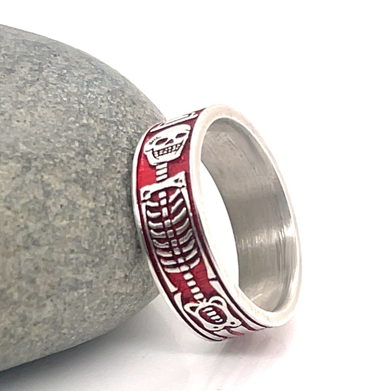 Sterling Silver Skeleton Ring, Memento Mori Ring, Mourning Ring, goth jewelry, memorial ring, 6mm Wide Ring, Free Inside Ring Engraving image 2