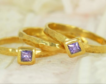 Amethyst Engagement Ring, Gold Filled, Amethyst Wedding Ring Set, Rustic Wedding Ring Set, February Birthstone, Gold Filled, Amethyst Ring