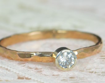 Natural Diamond Engagement Ring, 14k Rose Gold, Diamond Wedding Ring Set, Rustic Wedding Ring Set, April Birthstone, Solid 14k Diamond Ring