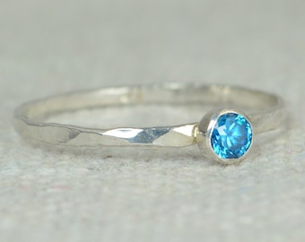 Dainty Blue Zircon Ring, Silver Blue Zircon Ring,  Stackable Ring, Mothers Ring, December Birthstone, December Ring, Skinny Ring, Thin Ring