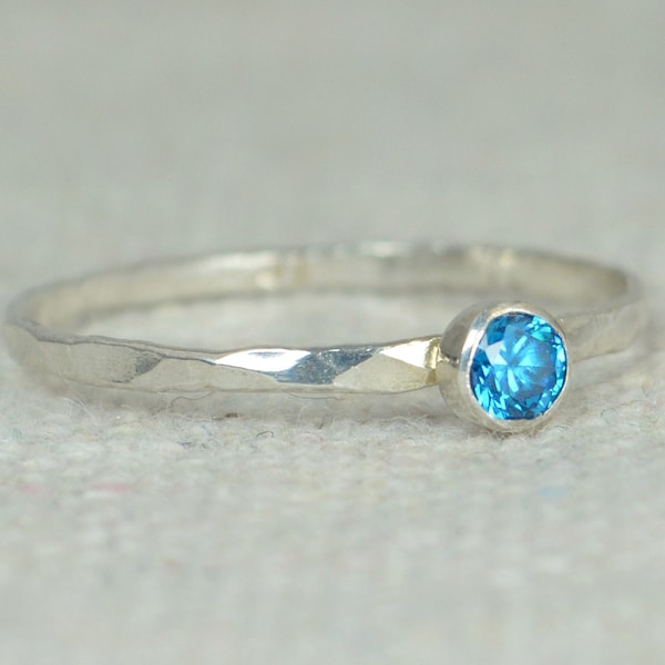 Dainty Blue Zircon Ring, Silver Blue Zircon Ring,  Stackable Ring, Mothers Ring, December Birthstone, December Ring, Skinny Ring, Thin Ring