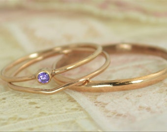 Tiny Amethyst Ring Set, Solid 14k Rose Gold Wedding Set, Amethyst Stacking Ring, 14k Gold Amethyst Ring, Bridal Set, February Birthstone