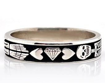 White Gold Gothic engagement Ring, Memento Mori Jewelry, Mourning Ring,  Skeleton Ring, memorial ring, Free Inside Ring Engraving