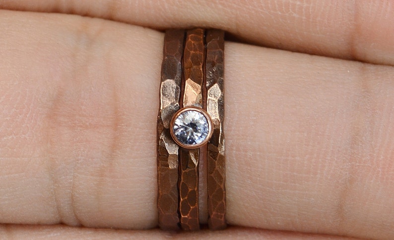 Bronze Copper CZ Diamond Ring, Classic Size, Stackable Rings, Mother's Ring, April Birthstone, Copper Jewelry, White Ring, Pure Copper, Band image 2