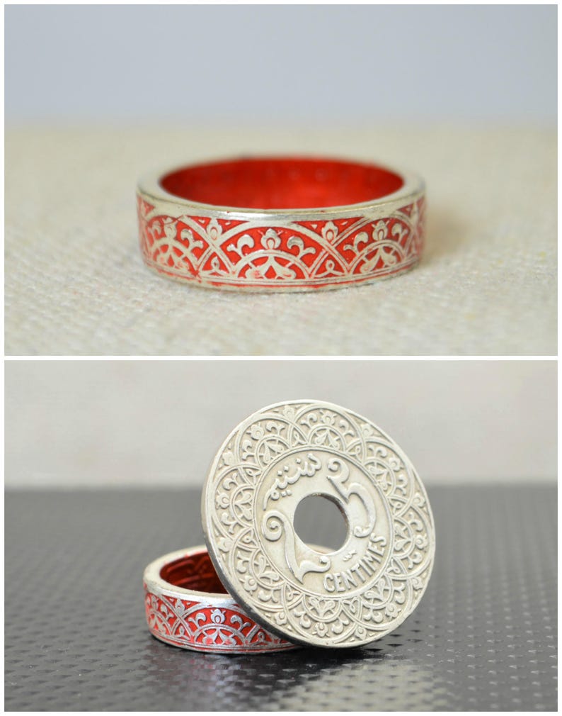 Moroccan Coin Ring, Red Coin Ring, Stained Glass Ring, Red Ring, Coin Art, Morocco, Silver Coin Ring, Moroccan Art, Boho Ring, Red image 2