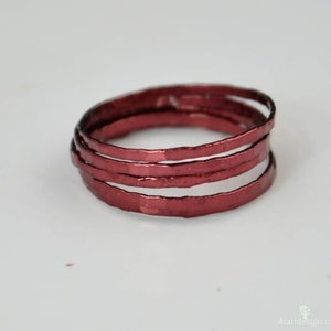 Super Thin Cherry Silver Stackable Rings, Red Ring, Stack Rings, Red Stacking Rings, Dark Red Ring, Hammered Silver Ring, skinny ring image 2