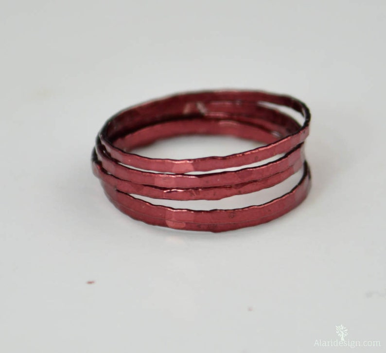 Super Thin Cherry Silver Stackable Rings, Red Ring, Stack Rings, Red Stacking Rings, Dark Red Ring, Hammered Silver Ring, skinny ring image 2