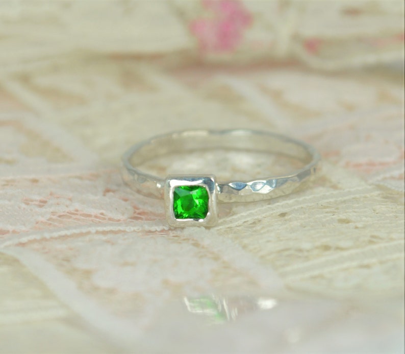 Square Emerald Engagement Ring, Sterling Silver, Emerald Wedding Ring Set, Rustic Wedding Ring Set, May Birthstone, Sterling Silver Emerald image 1