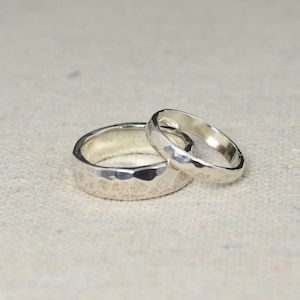 Hammered Silver Wedding Bands, Rustic Wedding Rings, Wedding Ring Set, Sterling Silver, Inside Ring Engraving Included, Inexpensive Bands image 1