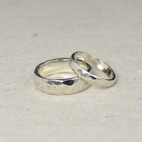 Hammered Silver Wedding Bands, Rustic Wedding Rings, Wedding Ring Set, Sterling Silver, Inside Ring Engraving Included, Inexpensive Bands