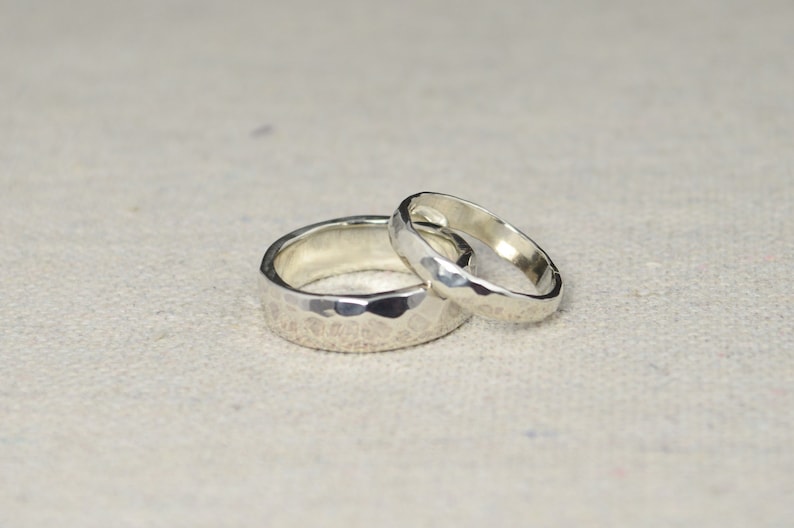 Hammered Silver Wedding Bands, Rustic Wedding Rings, Wedding Ring Set, Sterling Silver, Inside Ring Engraving Included, Inexpensive Bands image 1