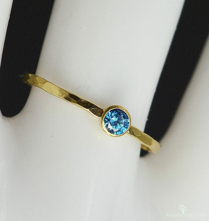Dainty Solid 14k Gold Blue Zircon Ring, 3mm gold solitaire, solitaire ring, real gold, December Birthstone, Mothers Ring, Solid gold band image 2