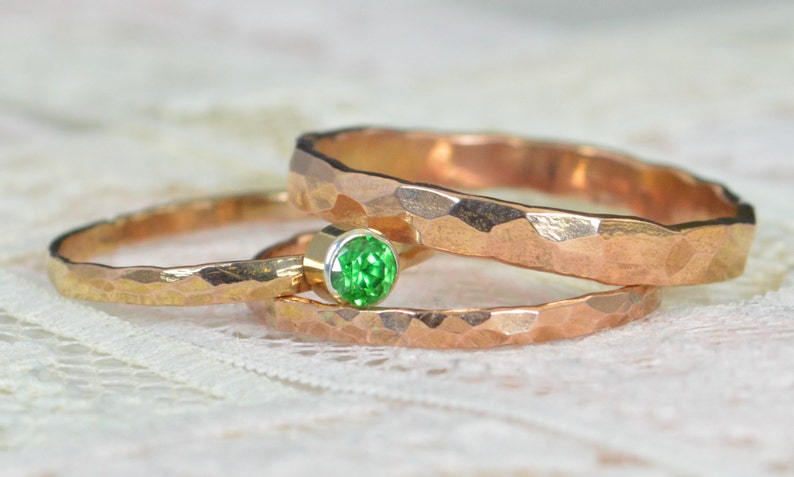 Emerald Engagement Ring, 14k Rose Gold, Emerald Wedding Ring Set, Rustic Wedding Ring Set, May Birthstone, Solid 14k Emerald Ring image 3