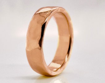 5mm Wide Solid Rose Gold Hammered Wedding Band, Choose 10k, 14k, or 18k Rose Gold, Rustic Wedding Ring, Heavy Gold Ring, Free Engraving