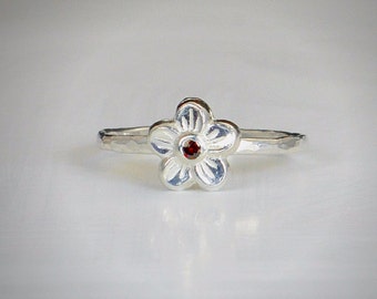 Small Flower Garnet Ring, Silver Garnet Ring,  Garnet Ring, Forget Me Not, Flower Jewelry, Sterling Silver Flower Ring, Floral Ring, Garnet