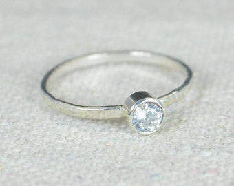 Small  CZ Diamond Ring, Hammered Silver, Stackable Rings, Mother's Ring, April Birthstone Ring, Skinny Ring, Mothers Ring, Silver