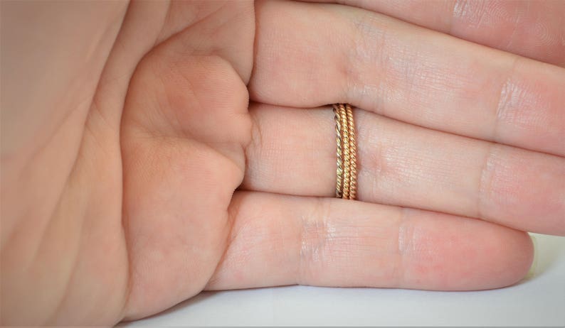 Set of 3 14k Gold Rings, Rose Gold, Yellow Gold, White Gold, Thin Stacking Ring Set, Spiral Rings, 3 Ring Set, Unique Wedding Ring Set image 2