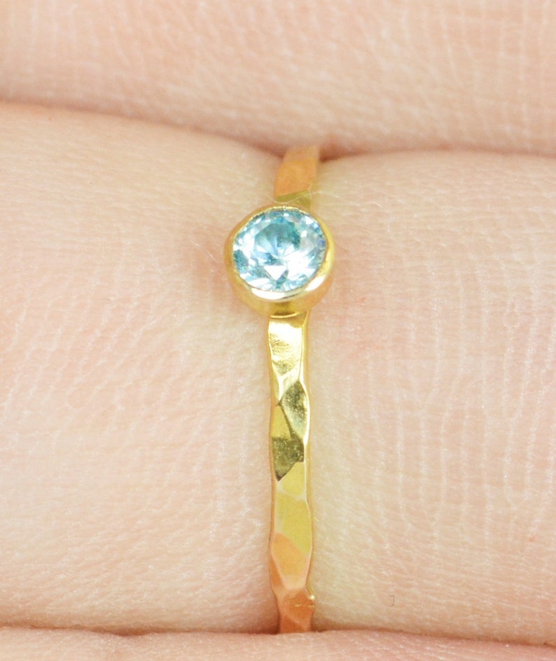 Dainty Gold Filled Aquamarine Ring, Hammered Gold, Stacking Rings, Mothers Ring, March Birthstone Ring, Aquamarine Ring, Aqua Ring, Alari image 2