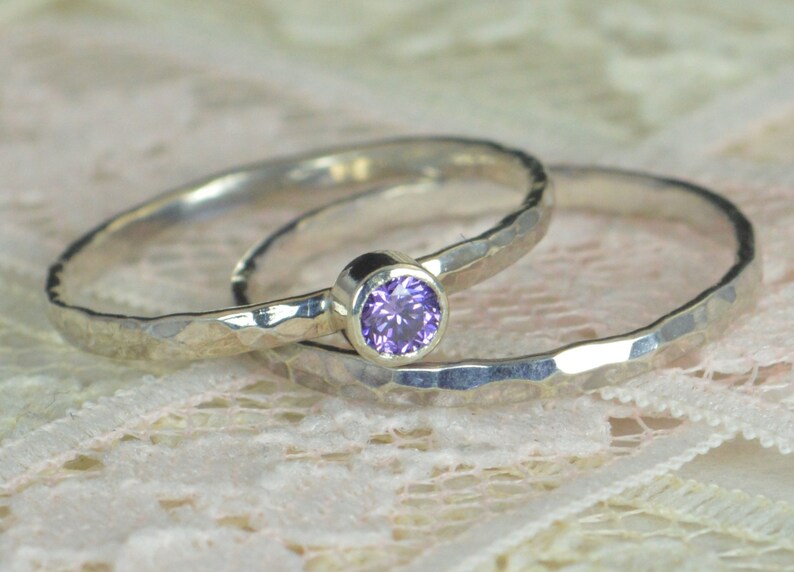 Amethyst Engagement Ring, Sterling Silver, Amethyst Wedding Ring Set, Rustic Wedding Ring Set, February Birthstone, Sterling Silver Ring image 2