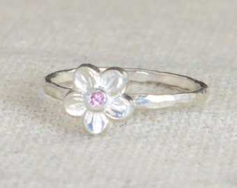 Small Flower Pink Tourmaline Ring, Silver Pink Ring, Flower Ring, Forget Me Not, Flower Jewelry, Sterling Flower Ring, Pink floral ring