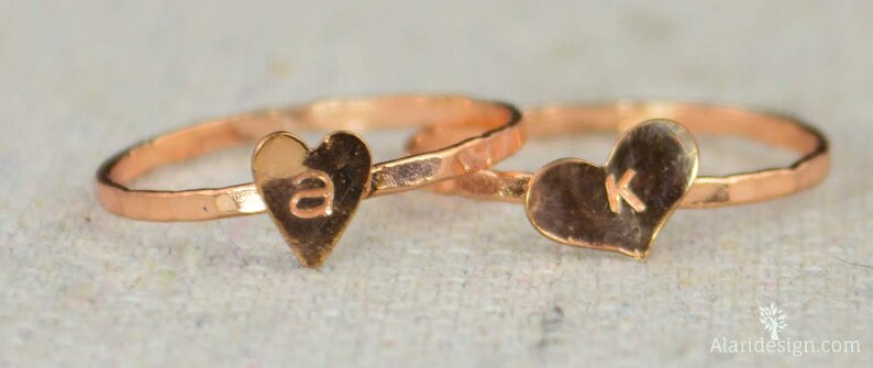 Tiny Golden Rose Heart Ring, Sterling Silver, Golden Rose Ring, Personalized Heart Ring, Initial Heart Ring, Initial Ring, BFF Ring, Copper image 2