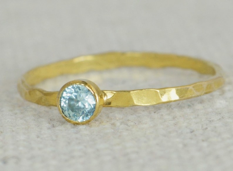Dainty Gold Filled Aquamarine Ring, Hammered Gold, Stacking Rings, Mothers Ring, March Birthstone Ring, Aquamarine Ring, Aqua Ring, Alari image 1