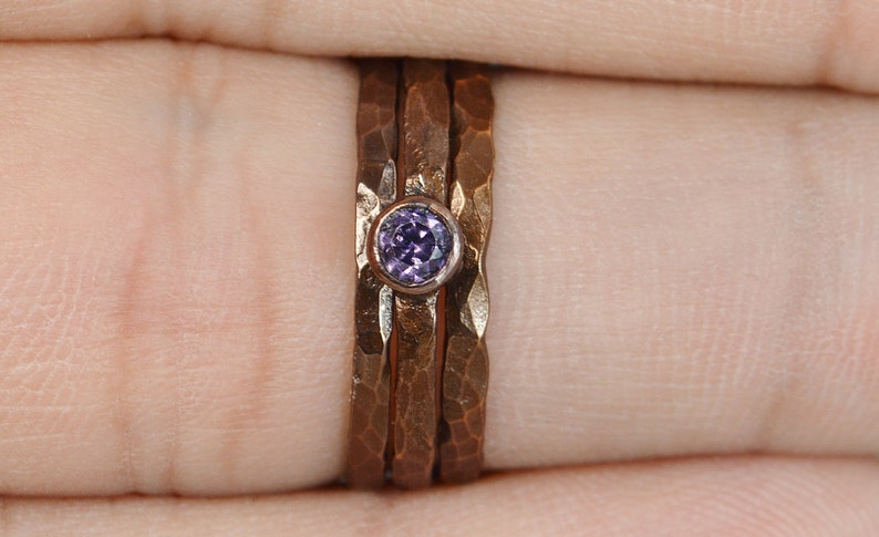 Bronze Copper Amethyst Ring, Classic Size, Stackable Rings, Mothers Ring, February Birthstone, Copper Jewelry, Solitaire, Pure Copper, Band image 2