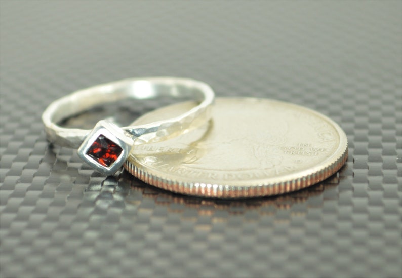 Square Garnet Ring, Garnet Solitaire, Garnet Silver Ring, January Birthstone Ring, Square Stone Mothers Ring, Silver Band, Square Stone Ring image 3