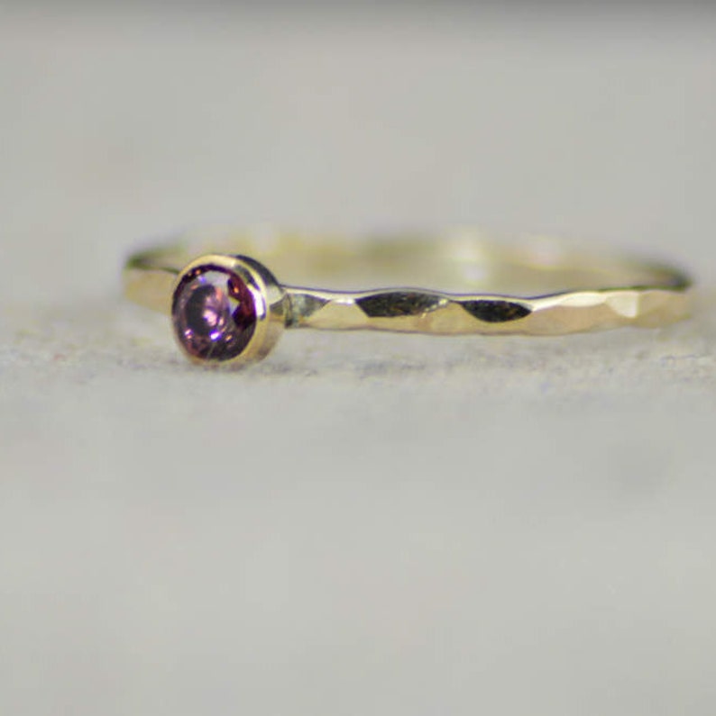 Dainty Gold Alexandrite Ring, Hammered Gold, Stackable Rings, Mother's Ring, June Birthstone Ring, Skinny Ring, Birthday Ring, 14K Gold Fill image 1