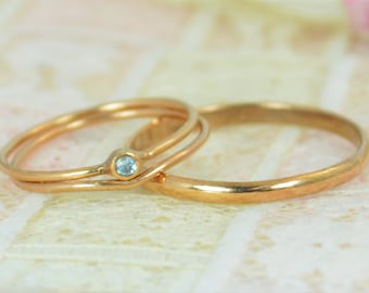 Tiny Aquamarine Ring Set, Solid 14k Rose Gold Wedding Set, Aquamarine Stacking Ring, Gold Aquamarine Ring, March Birthstone, Bridal Set