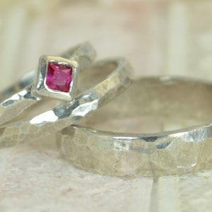 Square Ruby Engagement Ring, 14k White Gold, Ruby Wedding Ring Set, Rustic Wedding Ring Set, July Birthstone, Solid Gold, Gold Ruby Ring image 1