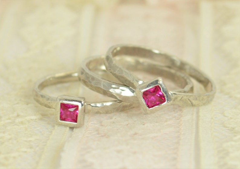 Square Ruby Engagement Ring, 14k White Gold, Ruby Wedding Ring Set, Rustic Wedding Ring Set, July Birthstone, Solid Gold, Gold Ruby Ring image 3