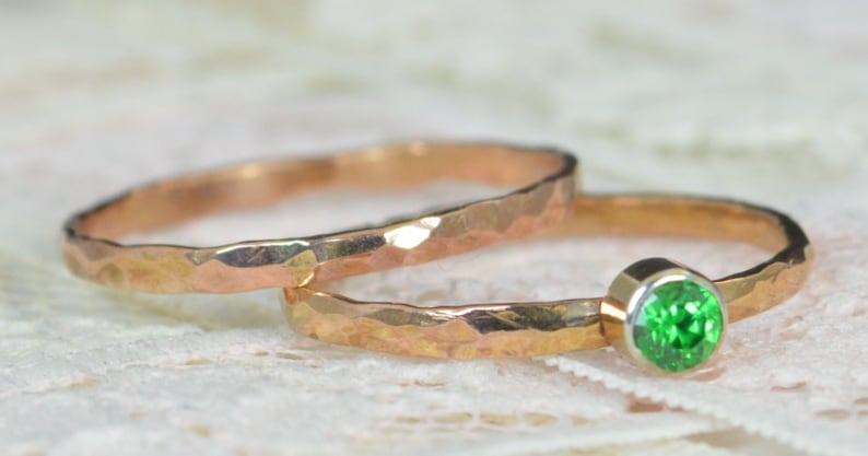 Emerald Engagement Ring, 14k Rose Gold, Emerald Wedding Ring Set, Rustic Wedding Ring Set, May Birthstone, Solid 14k Emerald Ring image 2