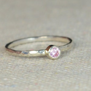 Classic Sterling Silver Pink Tourmaline Ring, 3mm Silver solitaire, Pink Ring, Silver jewelry, October Birthstone, Mothers RIng, Silver band image 1