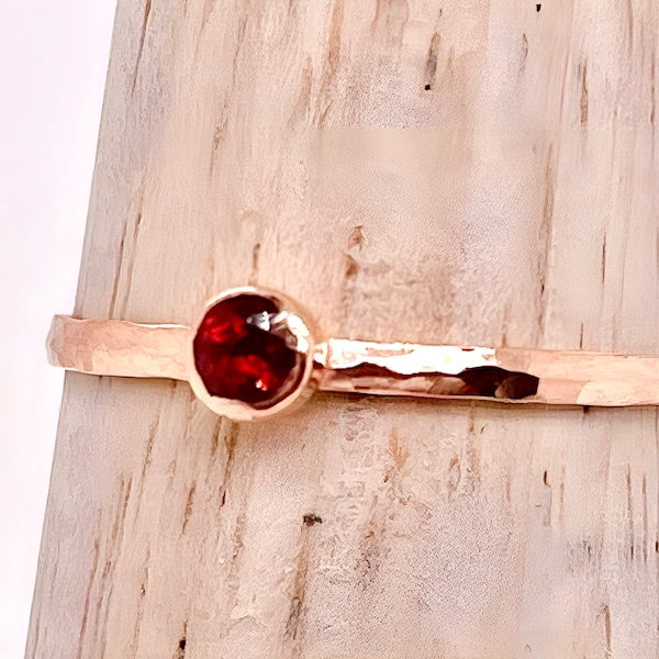 Dainty Rose Gold Filled Garnet Ring, Hammered Rose  Gold, Stackable Rings, Mother's Ring, January Birthstone Ring. Birthday Ring