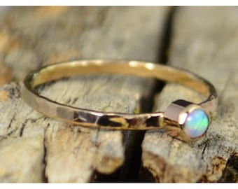 Classic Solid 14k Gold Opal Ring, 3mm Gold Solitaire, October's Birthstone, 14k Gold, Solitiare, Mothers Ring, Solid Gold Band, Gold