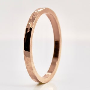 2mm Flat Hammered Finish Rose Gold Ring 10k, 14k, or 18k, Solid Gold, Rose gold Band, Squared Rose Gold Ring, minimal wedding band image 4