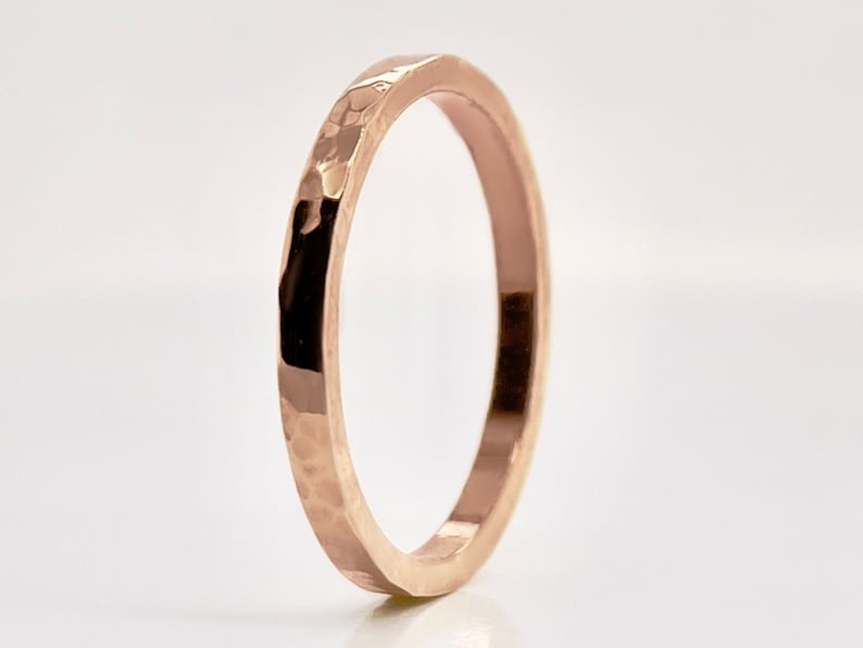 2mm Flat Hammered Finish Rose Gold Ring 10k, 14k, or 18k, Solid Gold, Rose gold Band, Squared Rose Gold Ring, minimal wedding band image 4