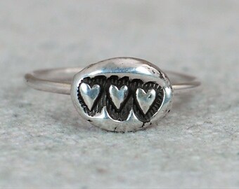 Unique Mothers Ring, 3 Heart Ring, Three heart ring, Tribal Ring,  Bohemian Ring, Silver Ring, Sterling Ring, Stacking Ring, gypsy ring