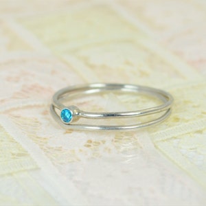 Tiny Blue Topaz Ring Set, Solid White Gold Wedding Set, Stacking Ring, White Gold Ring, December Birthstone, Mothers Ring, Blue Topaz Ring image 2