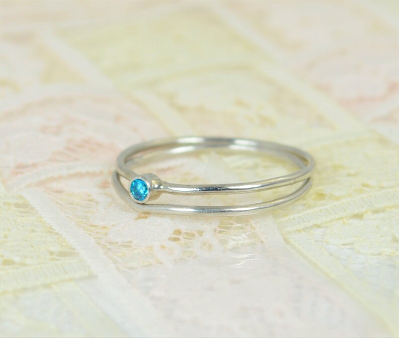 Tiny Blue Topaz Ring Set, Solid White Gold Wedding Set, Stacking Ring, White Gold Ring, December Birthstone, Mothers Ring, Blue Topaz Ring image 2