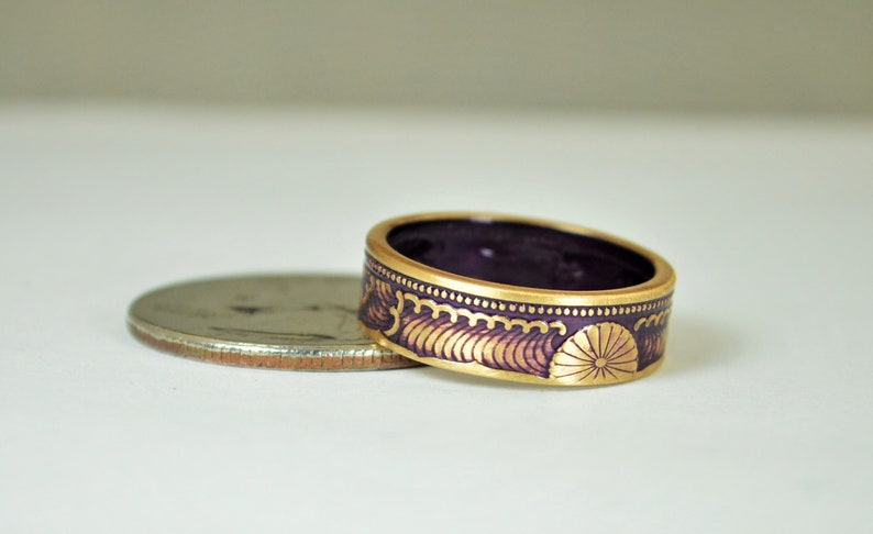 Japanese Coin Ring, Purple Ring, Wave Ring, Japanese Art, Brass Ring, Purple band. unique ring, bohemian ring, Art nouveau, 21st anniversary image 5