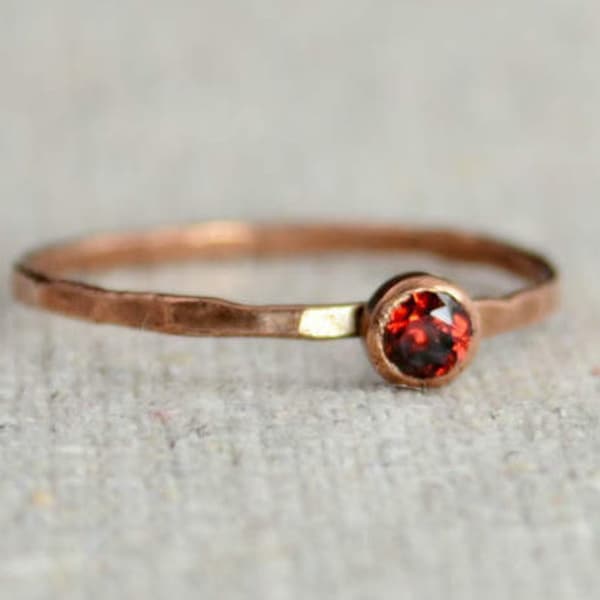 Dainty Copper Garnet Ring, Copper Ring, Garnet Mothers Ring, January Birthstone Ring, Stacking Copper Ring, Copper Band