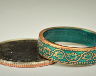 Coin Ring, Turquoise Ring, Vine Ring, Copper Ring, Canadian Penny, Coin Rings, Coin Art,  Floral Ring, Gift for Her, Teal Ring, Unique Ring